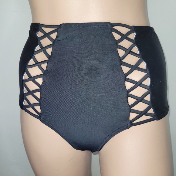 NEW SMALL HIGH WAISTED 2 PIECE BLACK TRIANGLER CUPS RACERBACK OR REG SWIMSUIT - Picture 3 of 8